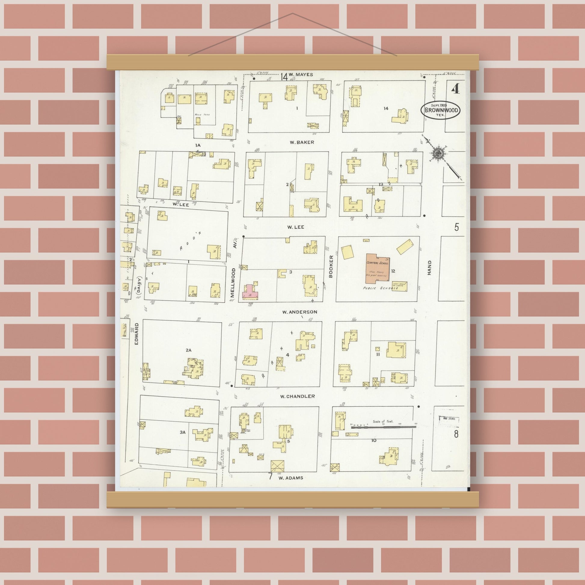 Old map wall art mockup — magnetic wood frame on brick wall — Sanborn Fire Insurance Map from Brownwood, Brown County, Texas (1909), Sheet #0004