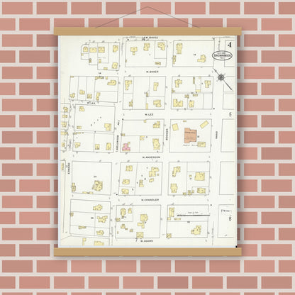 Old map wall art mockup — magnetic wood frame on brick wall — Sanborn Fire Insurance Map from Brownwood, Brown County, Texas (1909), Sheet #0004