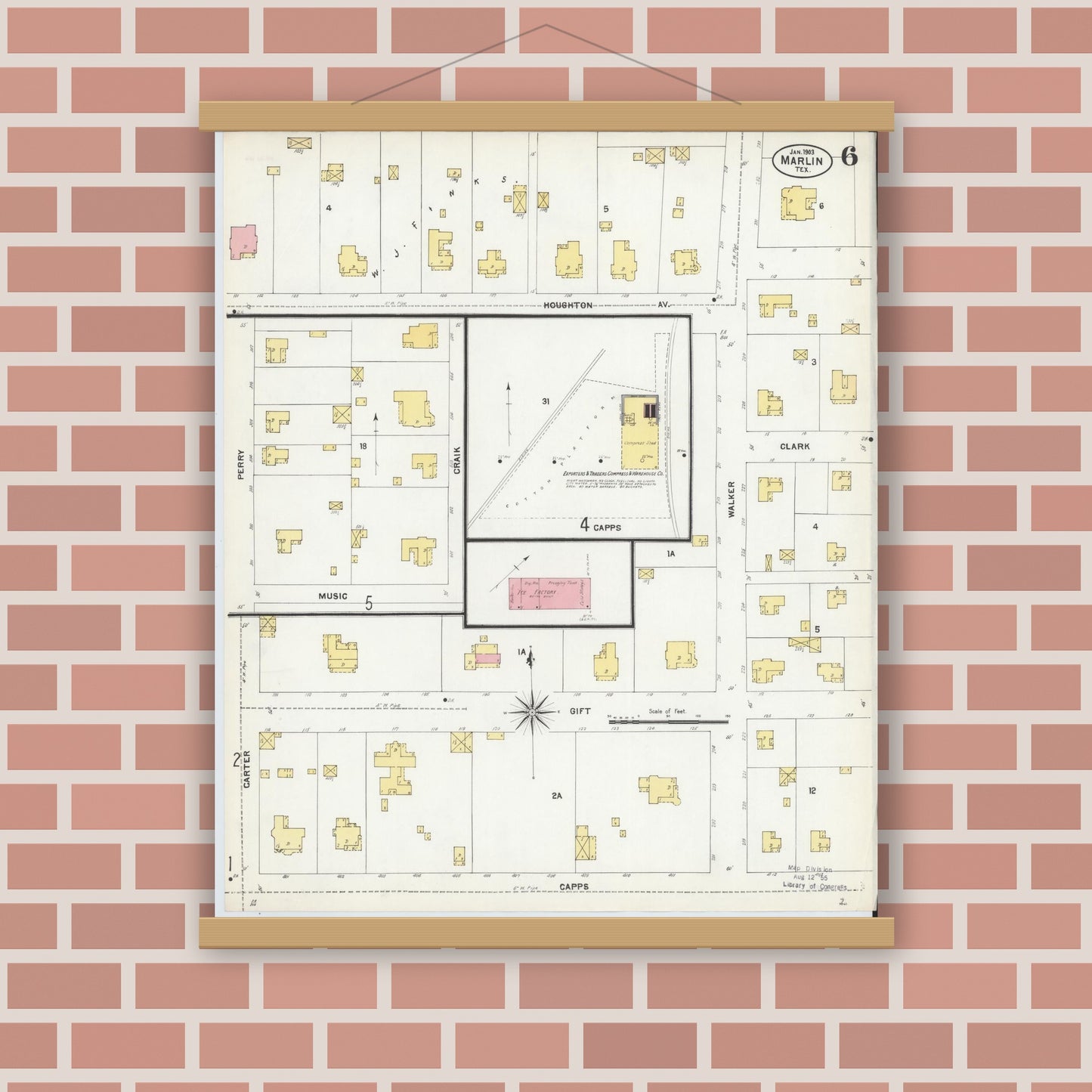 Old map wall art mockup — magnetic wood frame on brick wall — Sanborn Fire Insurance Map from Marlin, Falls County, Texas (1903), Sheet #0006