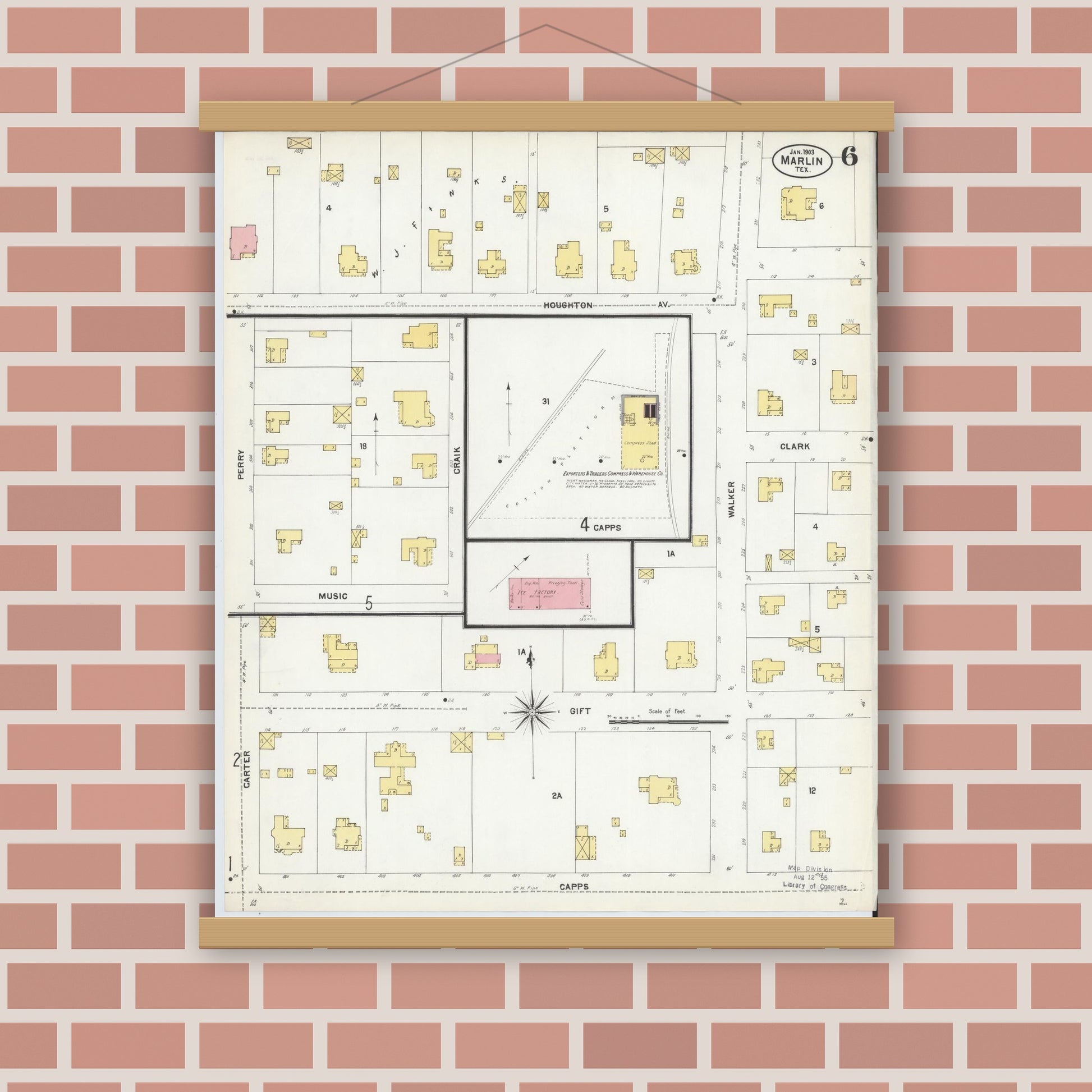 Old map wall art mockup — magnetic wood frame on brick wall — Sanborn Fire Insurance Map from Marlin, Falls County, Texas (1903), Sheet #0006