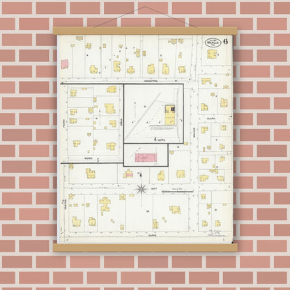 Old map wall art mockup — magnetic wood frame on brick wall — Sanborn Fire Insurance Map from Marlin, Falls County, Texas (1903), Sheet #0006
