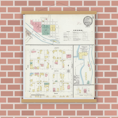 Old map wall art mockup — magnetic wood frame on brick wall — Sanborn Fire Insurance Map from McConnelsville, Morgan County, Ohio (1896), Sheet #0001