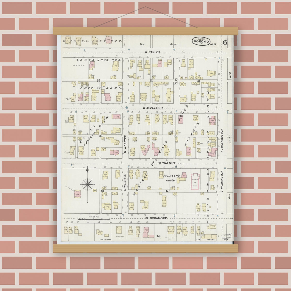 Old map wall art mockup — magnetic wood frame on brick wall — Sanborn Fire Insurance Map from Kokomo, Howard County, Indiana (1889), Sheet #0006