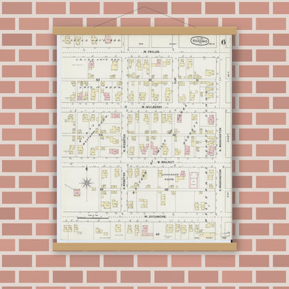 Old map wall art mockup — magnetic wood frame on brick wall — Sanborn Fire Insurance Map from Kokomo, Howard County, Indiana (1889), Sheet #0006