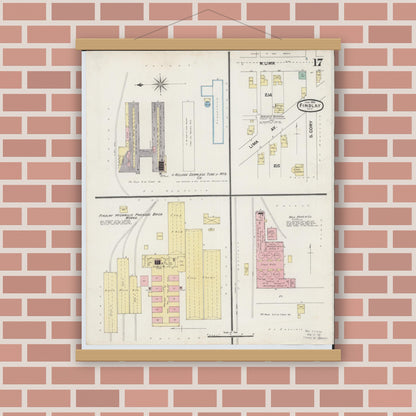Old map wall art mockup — magnetic wood frame on brick wall — Sanborn Fire Insurance Map from Findlay, Hancock County, Ohio (1890), Sheet #0017