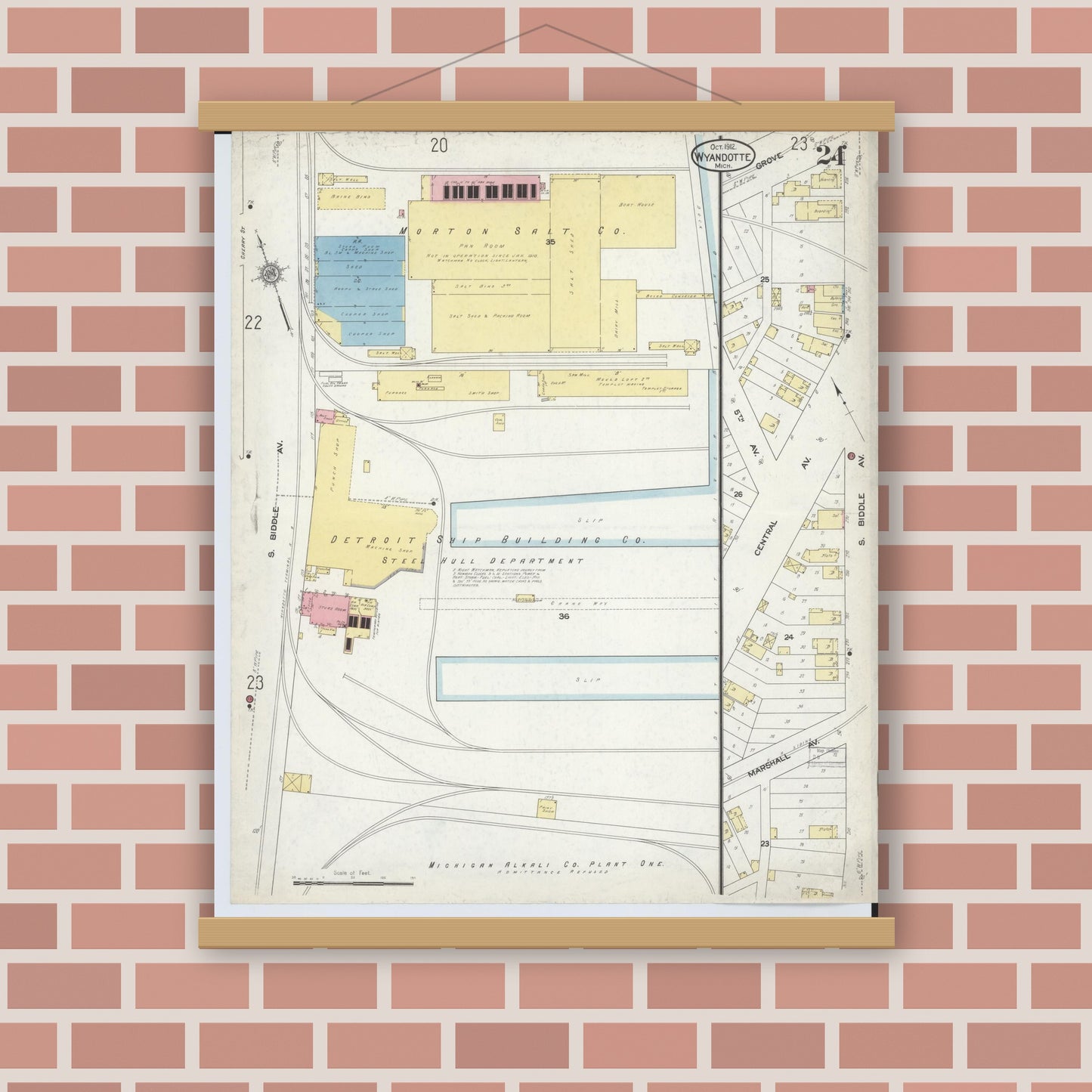 Old map wall art mockup — magnetic wood frame on brick wall — Sanborn Fire Insurance Map from Wyandotte, Wayne County, Michigan (1912), Sheet #0024