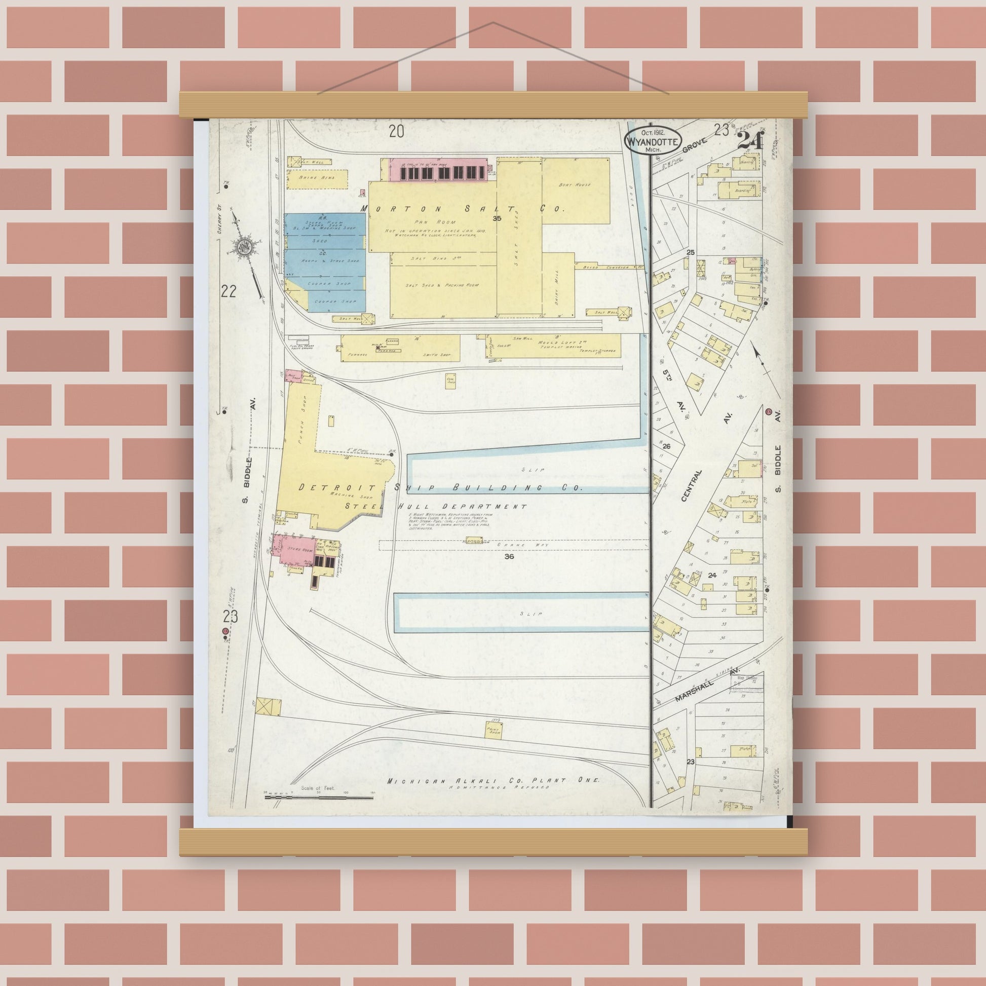 Old map wall art mockup — magnetic wood frame on brick wall — Sanborn Fire Insurance Map from Wyandotte, Wayne County, Michigan (1912), Sheet #0024