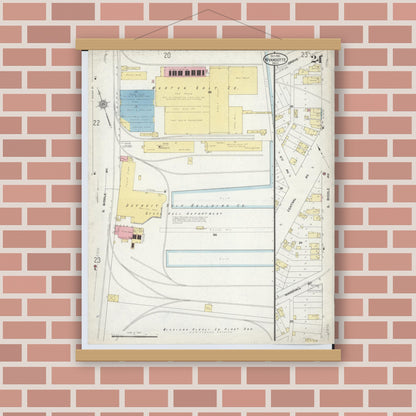 Old map wall art mockup — magnetic wood frame on brick wall — Sanborn Fire Insurance Map from Wyandotte, Wayne County, Michigan (1912), Sheet #0024