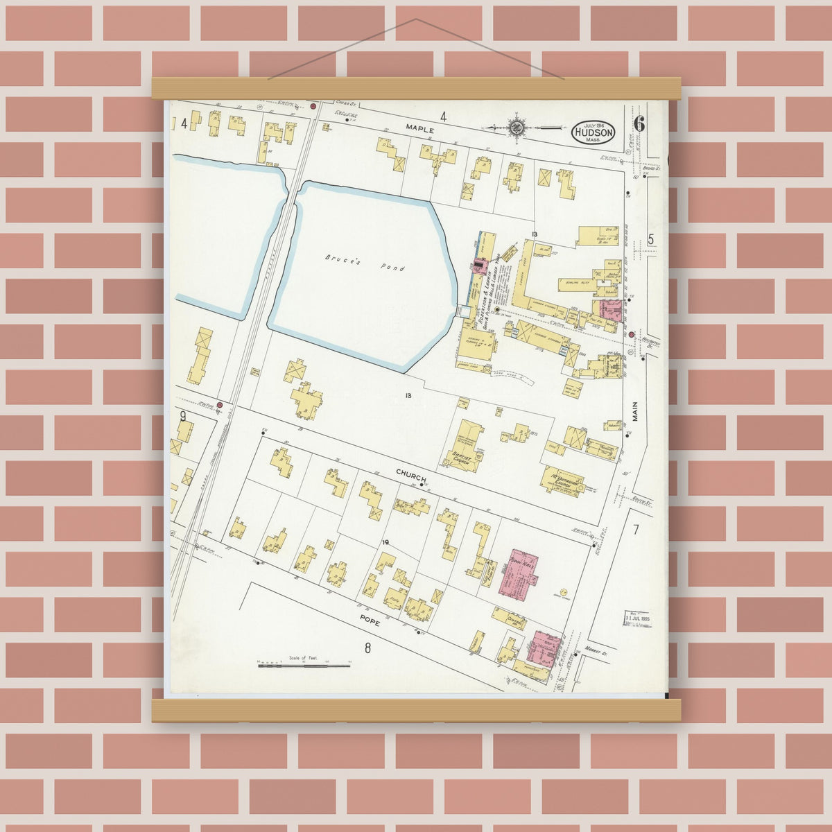 Old map wall art mockup — magnetic wood frame on brick wall — Sanborn Fire Insurance Map from Hudson, Middlesex County, Massachusetts (1916), Sheet #0006
