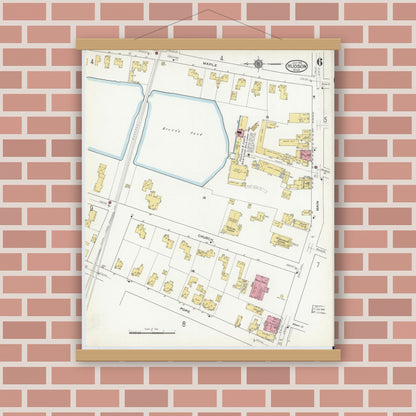 Old map wall art mockup — magnetic wood frame on brick wall — Sanborn Fire Insurance Map from Hudson, Middlesex County, Massachusetts (1916), Sheet #0006