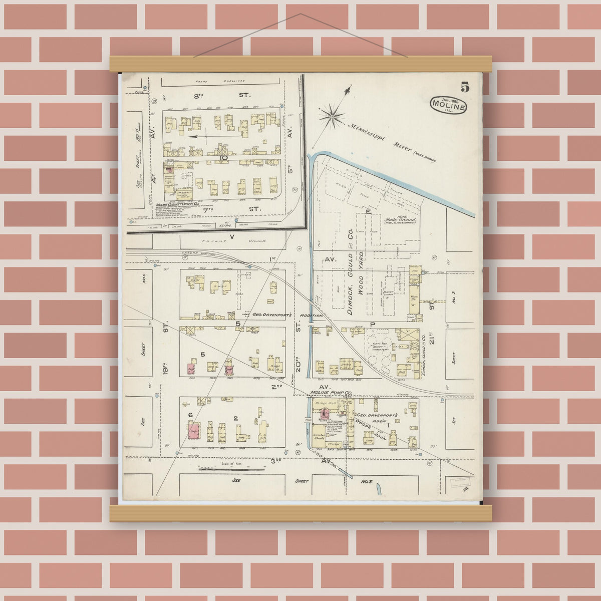 Old map wall art mockup — magnetic wood frame on brick wall — Sanborn Fire Insurance Map from Moline, Rock Island County, Illinois (1886), Sheet #0005