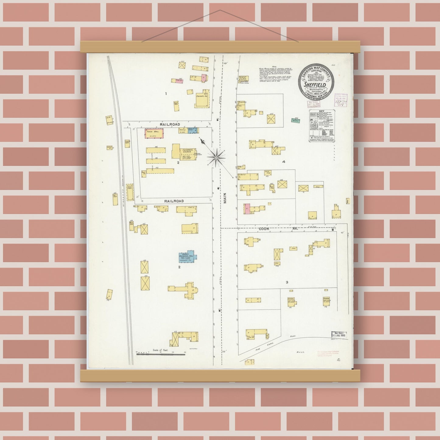 Old map wall art mockup — magnetic wood frame on brick wall — Sanborn Fire Insurance Map from Sheffield, Berkshire County, Massachusetts (1905), Sheet #0001
