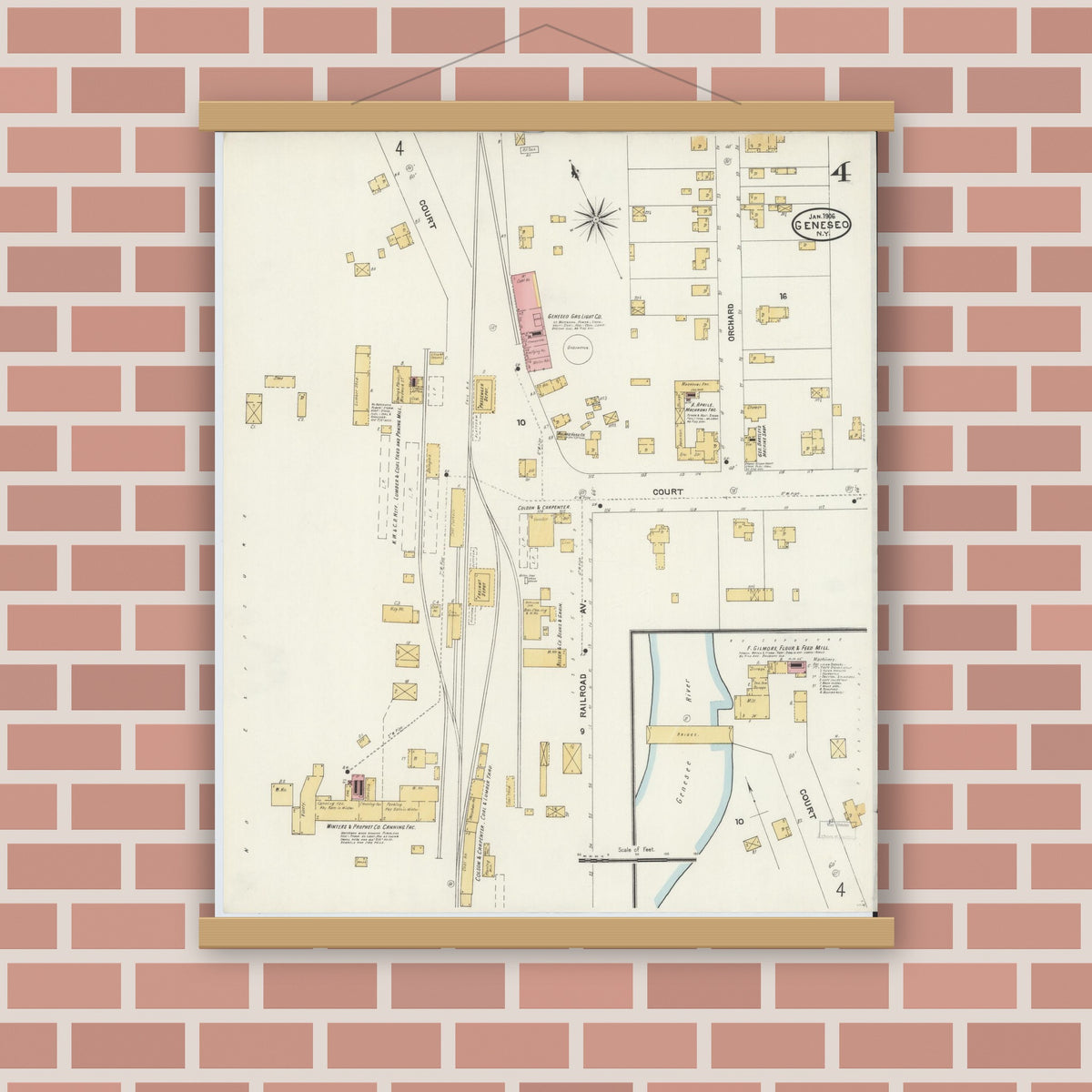 Old map wall art mockup — magnetic wood frame on brick wall — Sanborn Fire Insurance Map from Geneseo, Livingston County, New York (1906), Sheet #0004