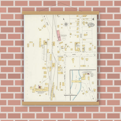 Old map wall art mockup — magnetic wood frame on brick wall — Sanborn Fire Insurance Map from Geneseo, Livingston County, New York (1906), Sheet #0004