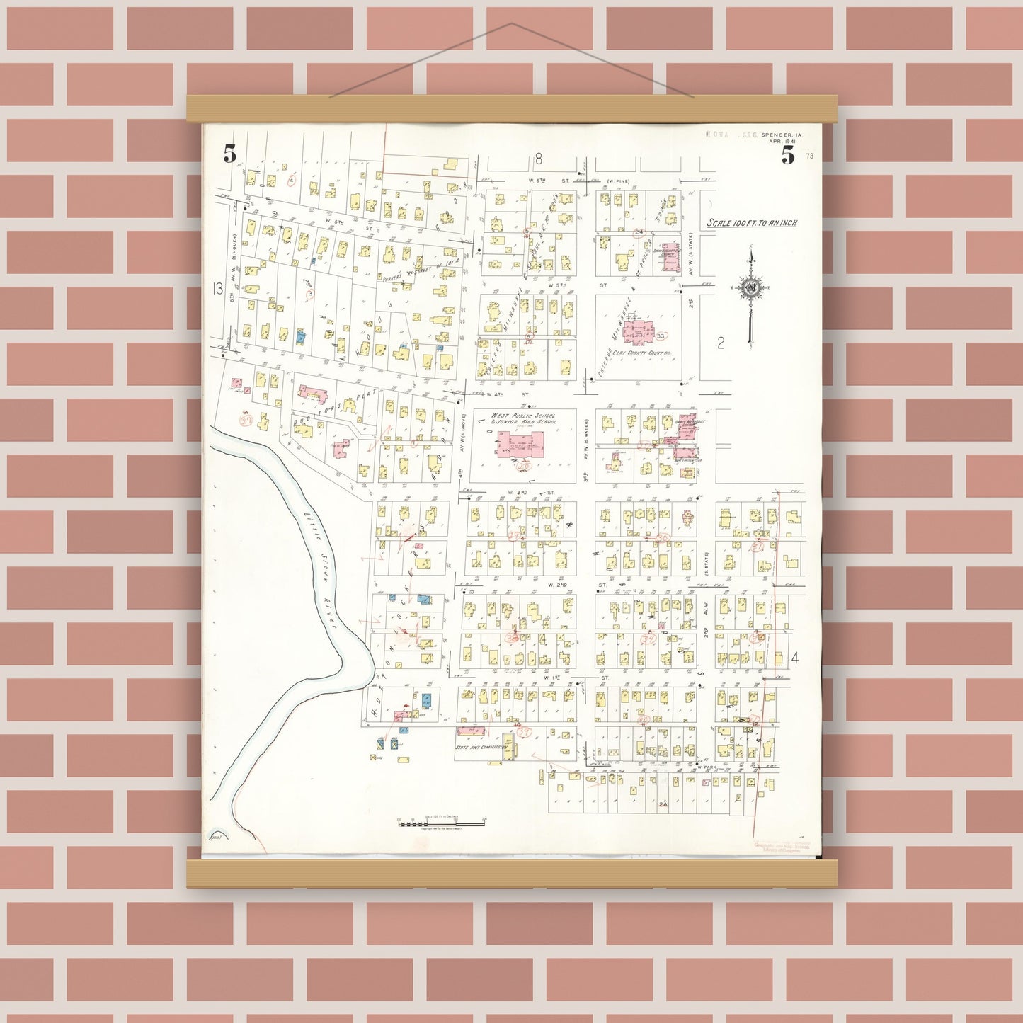 Old map wall art mockup — magnetic wood frame on brick wall — Sanborn Fire Insurance Map from Spencer, Clay County, Iowa (1946), Sheet #0005