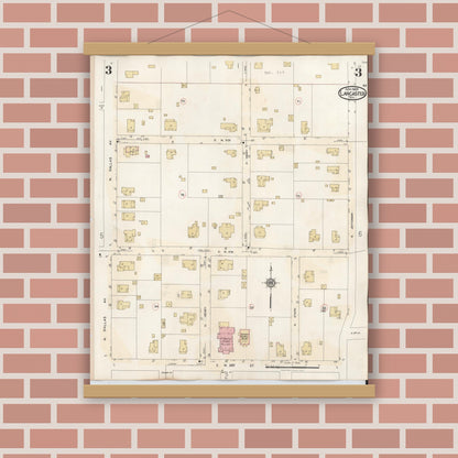 Old map wall art mockup — magnetic wood frame on brick wall — Sanborn Fire Insurance Map from Lancaster, Dallas County, Texas (1939), Sheet #0003