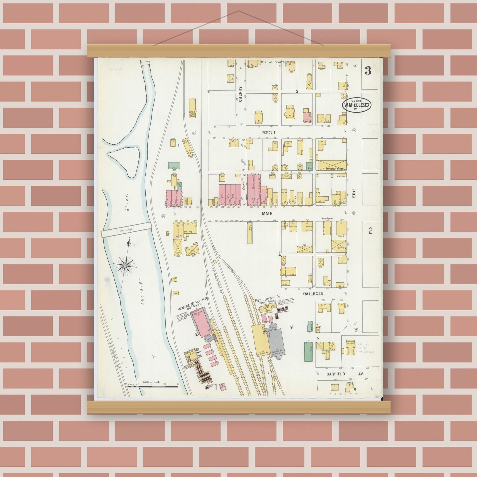 Old map wall art mockup — magnetic wood frame on brick wall — Sanborn Fire Insurance Map from West Middlesex, Mercer County, Pennsylvania (1900), Sheet #0003