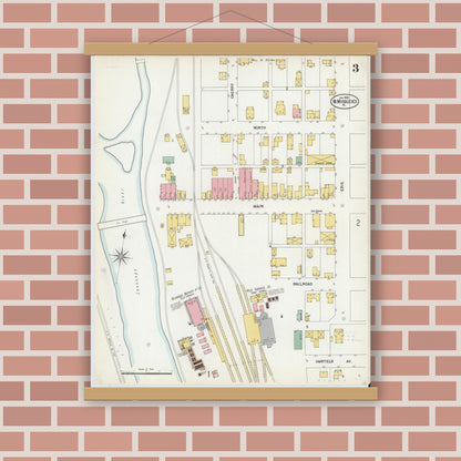Old map wall art mockup — magnetic wood frame on brick wall — Sanborn Fire Insurance Map from West Middlesex, Mercer County, Pennsylvania (1900), Sheet #0003