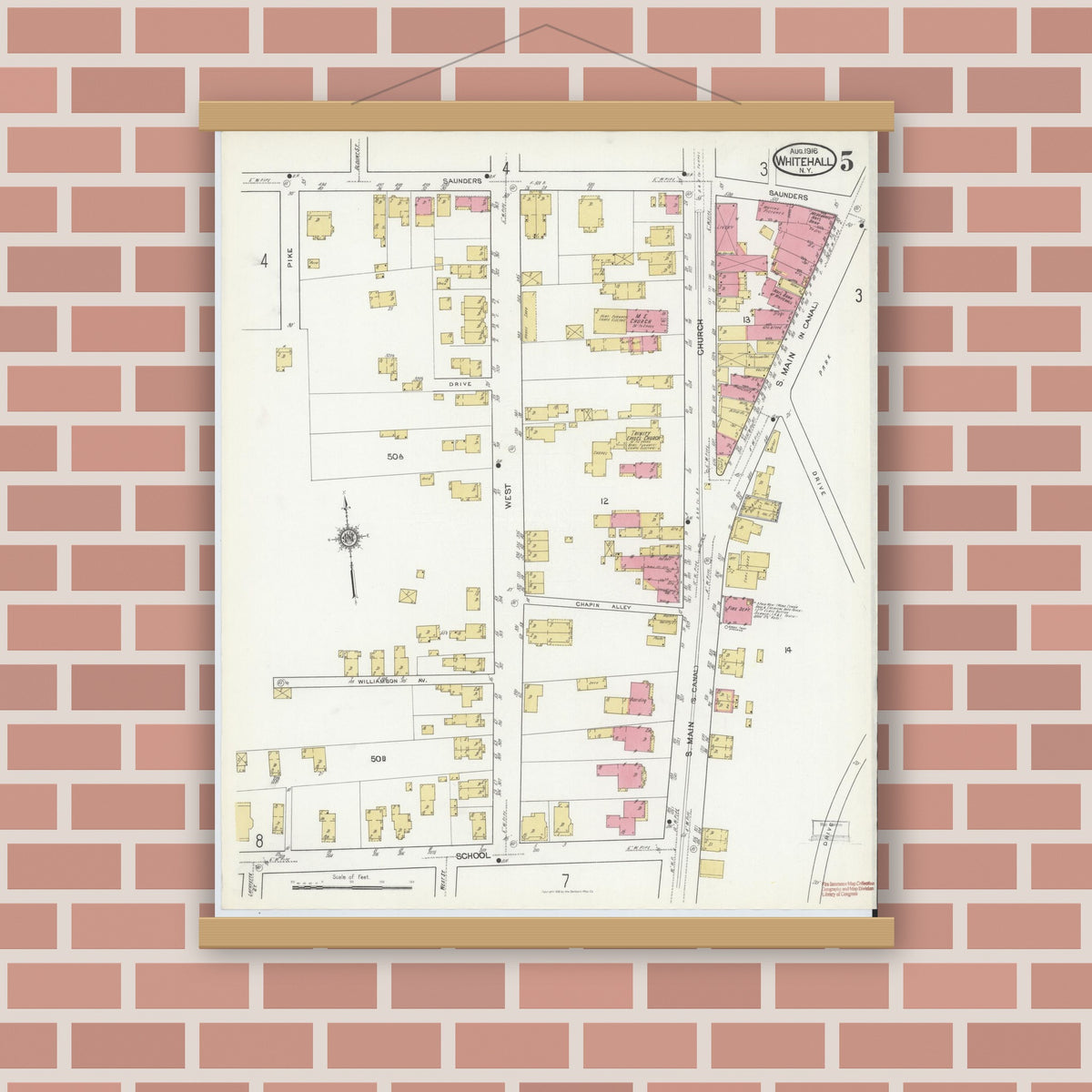 Old map wall art mockup — magnetic wood frame on brick wall — Sanborn Fire Insurance Map from Whitehall, Washington County, New York (1916), Sheet #0005