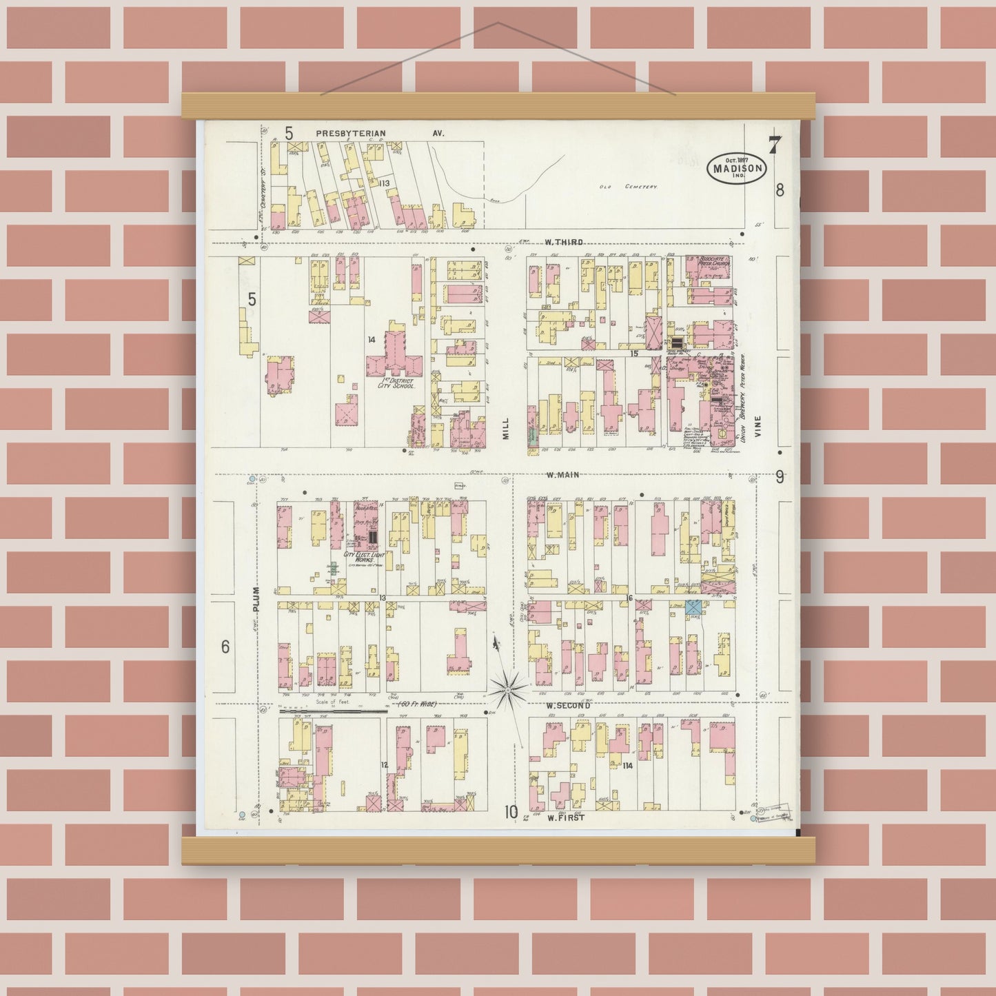 Old map wall art mockup — magnetic wood frame on brick wall — Sanborn Fire Insurance Map from Madison, Jefferson County, Indiana (1897), Sheet #0007