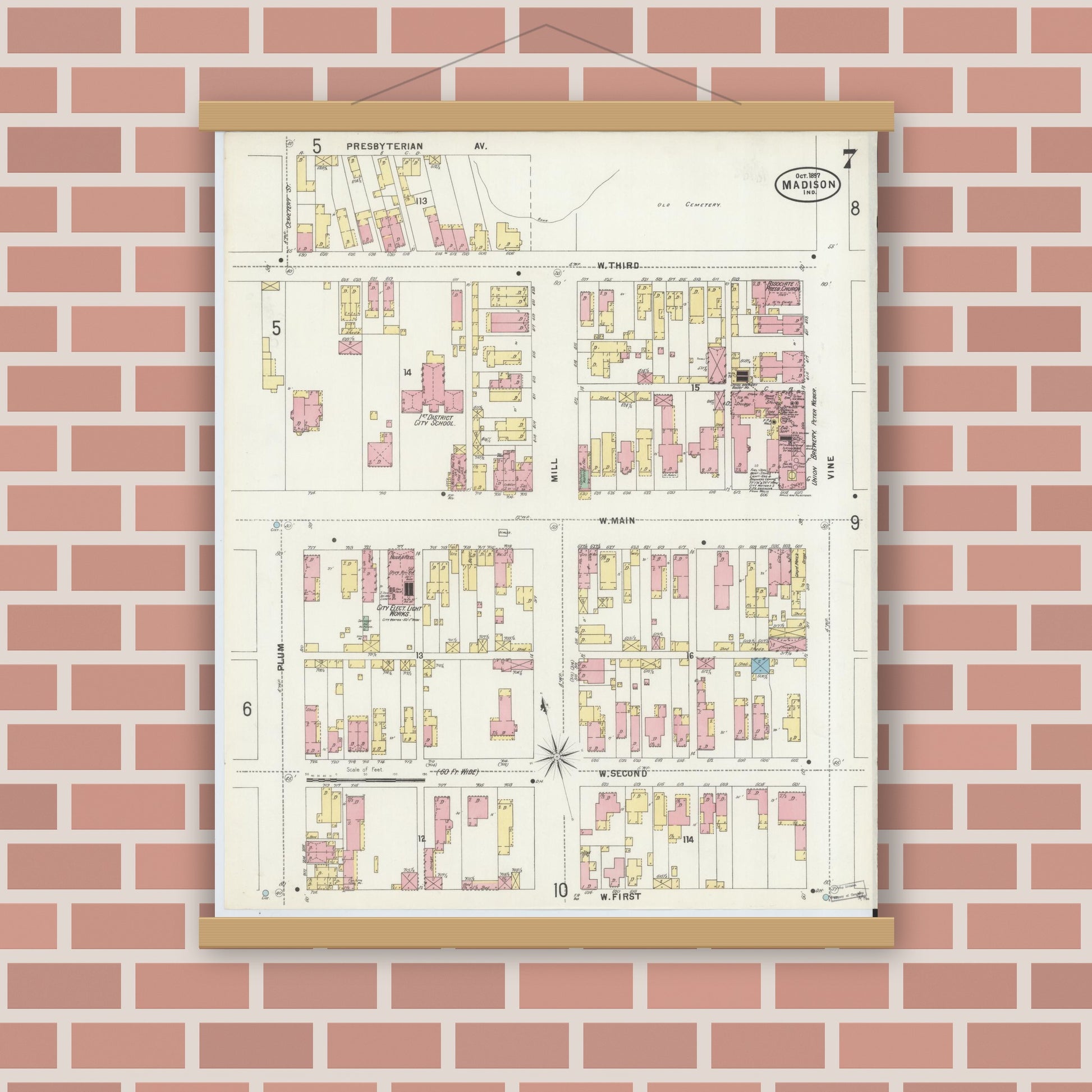 Old map wall art mockup — magnetic wood frame on brick wall — Sanborn Fire Insurance Map from Madison, Jefferson County, Indiana (1897), Sheet #0007