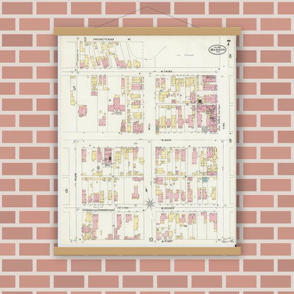 Old map wall art mockup — magnetic wood frame on brick wall — Sanborn Fire Insurance Map from Madison, Jefferson County, Indiana (1897), Sheet #0007
