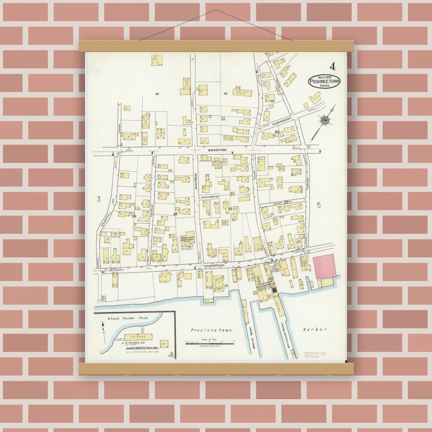 Old map wall art mockup — magnetic wood frame on brick wall — Sanborn Fire Insurance Map from Provincetown, Barnstable County, Massachusetts (1919), Sheet #0004
