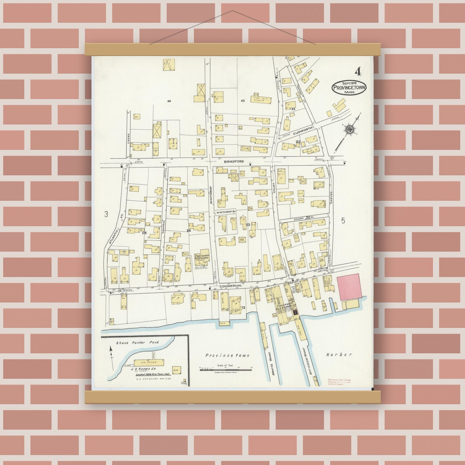 Old map wall art mockup — magnetic wood frame on brick wall — Sanborn Fire Insurance Map from Provincetown, Barnstable County, Massachusetts (1919), Sheet #0004