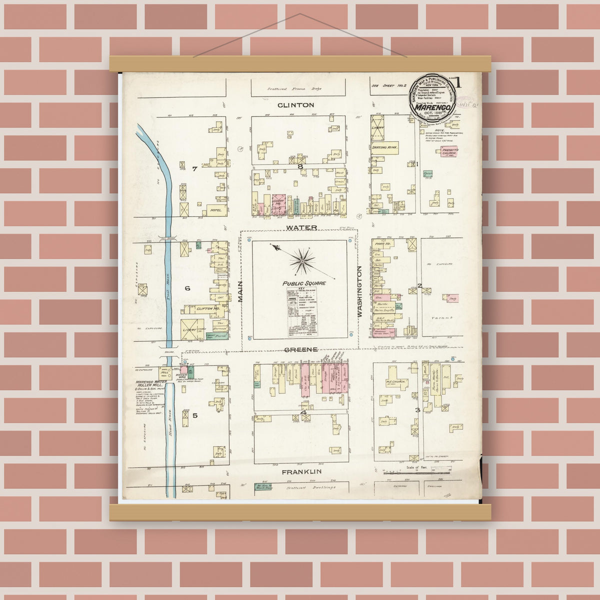 Old map wall art mockup — magnetic wood frame on brick wall — Sanborn Fire Insurance Map from Marengo, Iowa County, Iowa (1885), Sheet #0001