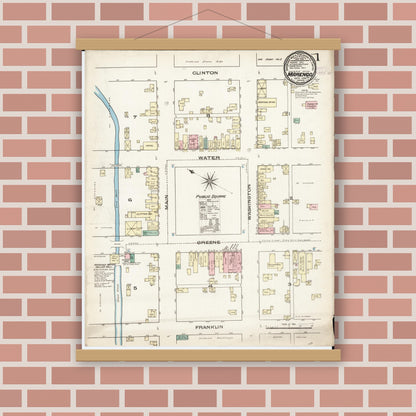 Old map wall art mockup — magnetic wood frame on brick wall — Sanborn Fire Insurance Map from Marengo, Iowa County, Iowa (1885), Sheet #0001