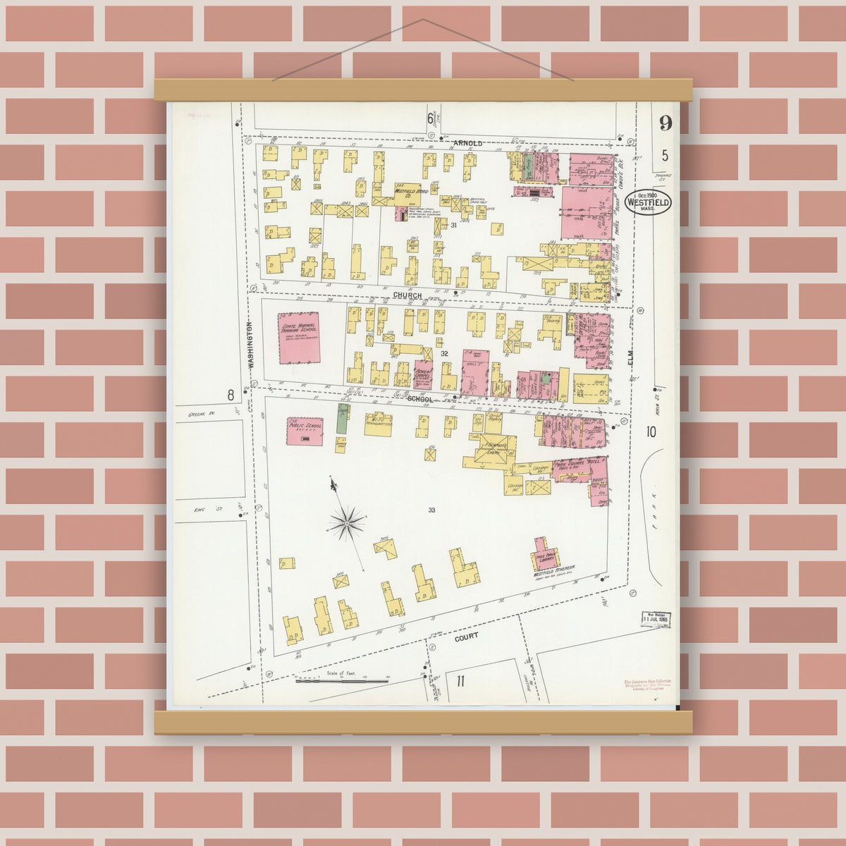 Old map wall art mockup — magnetic wood frame on brick wall — Sanborn Fire Insurance Map from Westfield, Hampden County, Massachusetts (1900), Sheet #0009