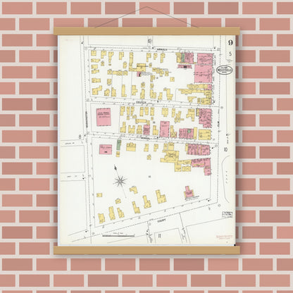 Old map wall art mockup — magnetic wood frame on brick wall — Sanborn Fire Insurance Map from Westfield, Hampden County, Massachusetts (1900), Sheet #0009