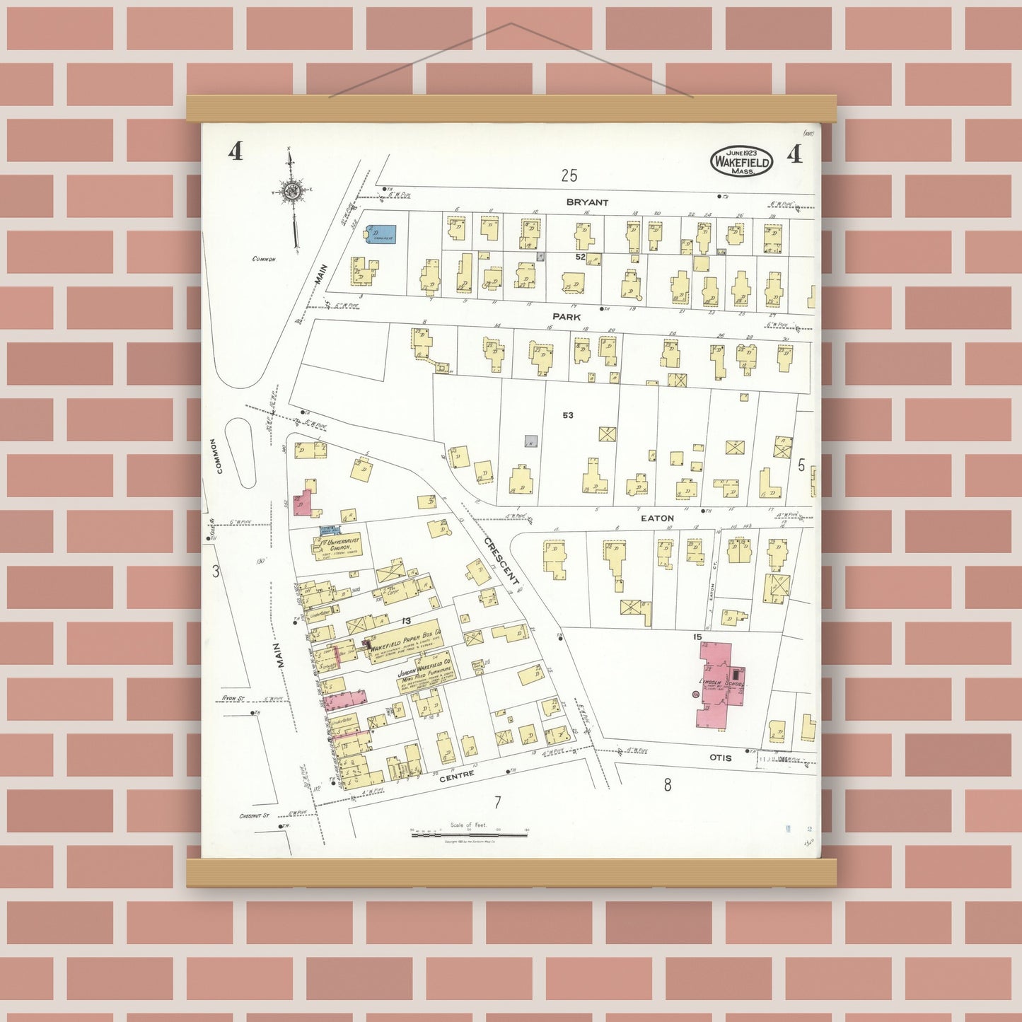Old map wall art mockup — magnetic wood frame on brick wall — Sanborn Fire Insurance Map from Wakefield, Middlesex County, Massachusetts (1923), Sheet #0004