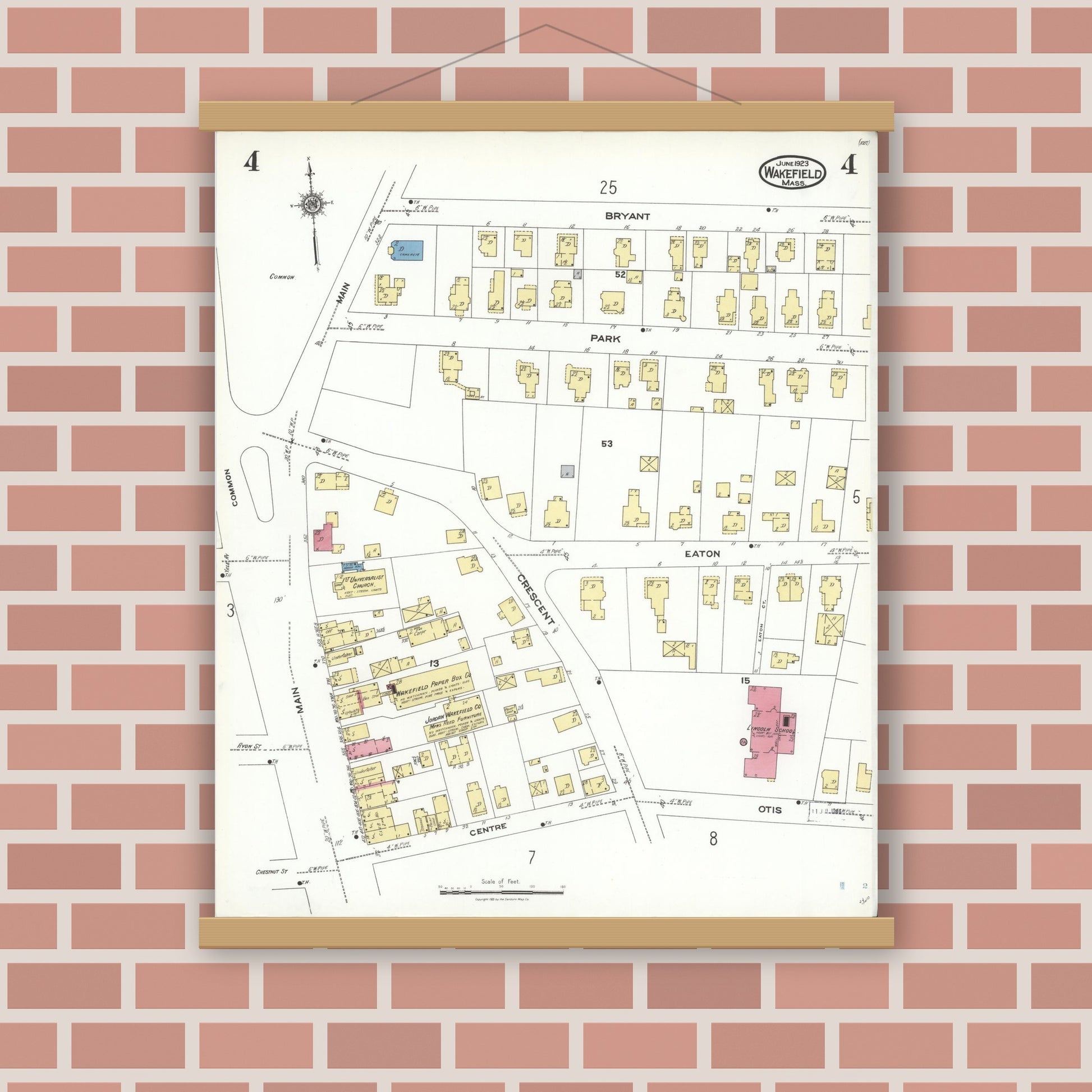 Old map wall art mockup — magnetic wood frame on brick wall — Sanborn Fire Insurance Map from Wakefield, Middlesex County, Massachusetts (1923), Sheet #0004