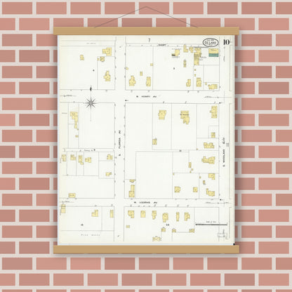 Old map wall art mockup — magnetic wood frame on brick wall — Sanborn Fire Insurance Map from De Land, Volusia County, Florida (1909), Sheet #0010