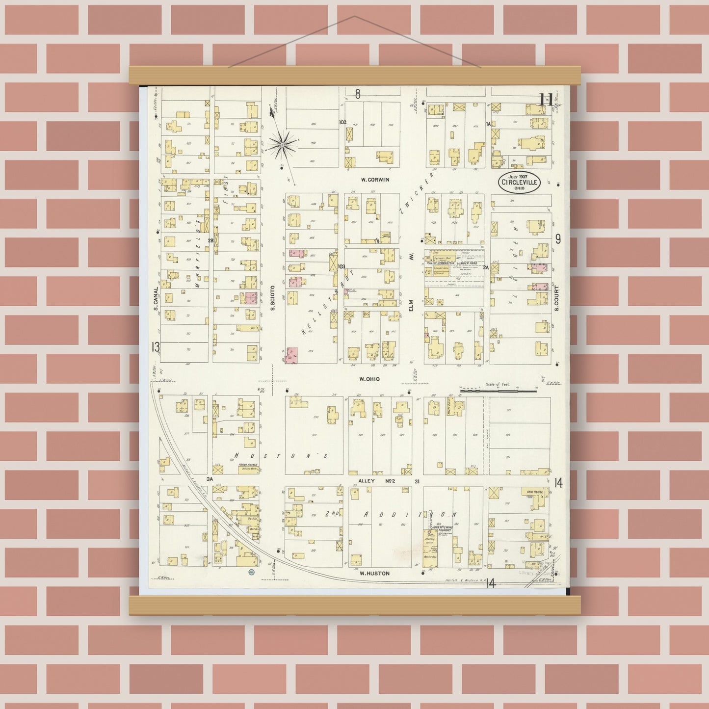 Old map wall art mockup — magnetic wood frame on brick wall — Sanborn Fire Insurance Map from Circleville, Pickaway County, Ohio (1907), Sheet #0011