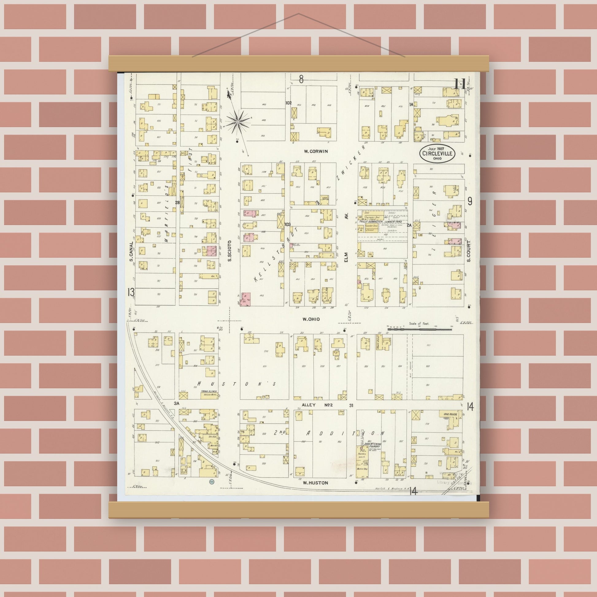 Old map wall art mockup — magnetic wood frame on brick wall — Sanborn Fire Insurance Map from Circleville, Pickaway County, Ohio (1907), Sheet #0011
