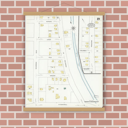 Old map wall art mockup — magnetic wood frame on brick wall — Sanborn Fire Insurance Map from Dover, Morris County, New Jersey (1909), Sheet #0019