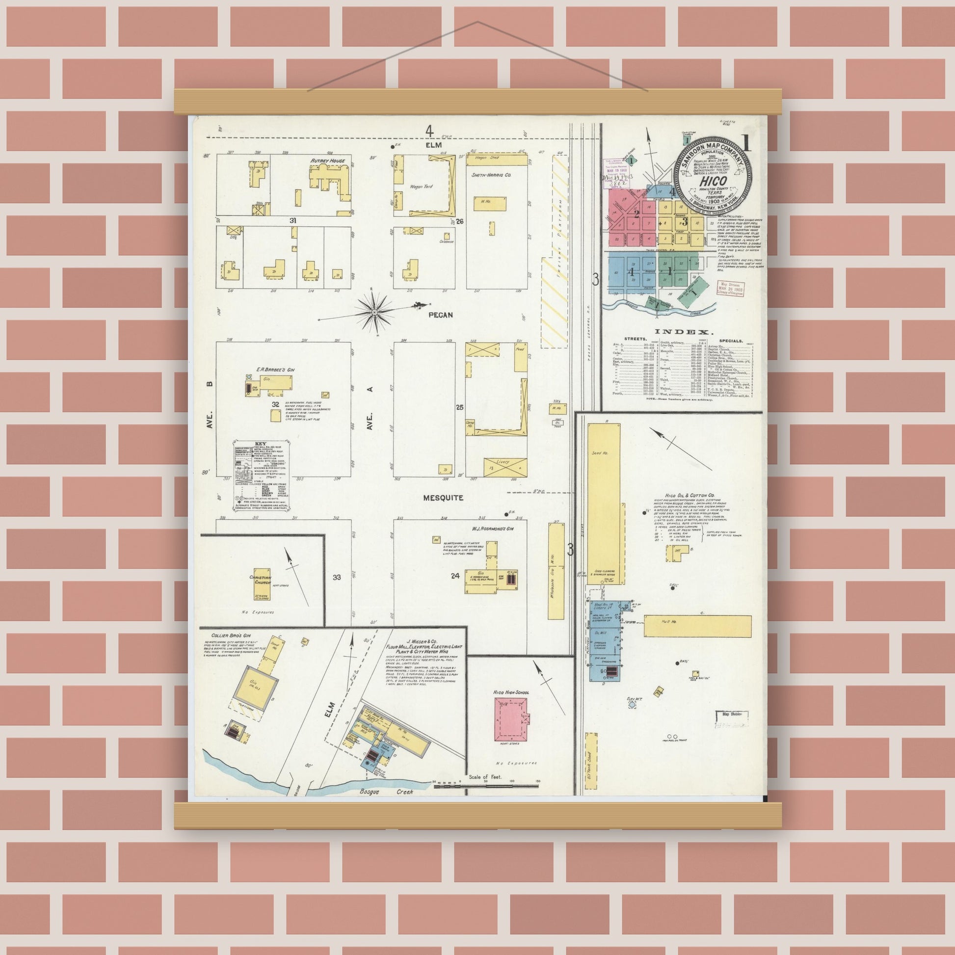 Old map wall art mockup — magnetic wood frame on brick wall — Sanborn Fire Insurance Map from Hico, Hamilton County, Texas (1903) - Complete Map Set