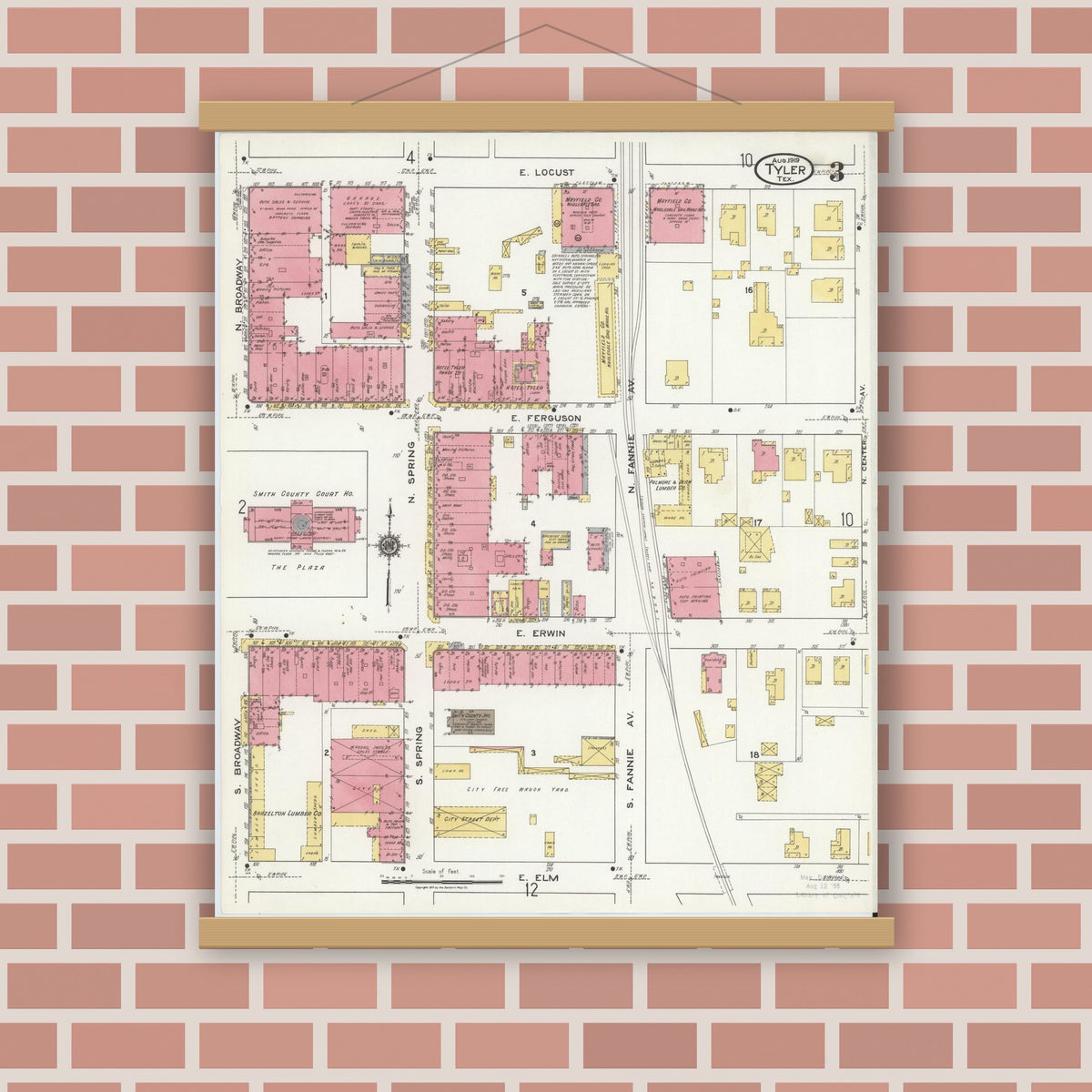 Old map wall art mockup — magnetic wood frame on brick wall — Sanborn Fire Insurance Map from Tyler, Smith County, Texas (1919), Sheet #0003
