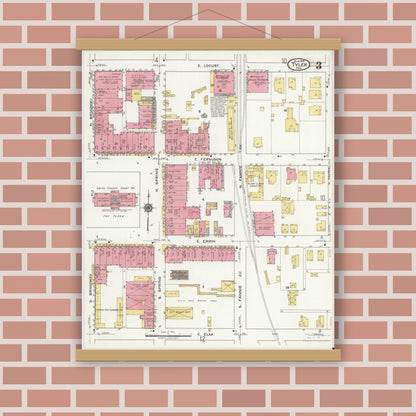 Old map wall art mockup — magnetic wood frame on brick wall — Sanborn Fire Insurance Map from Tyler, Smith County, Texas (1919), Sheet #0003