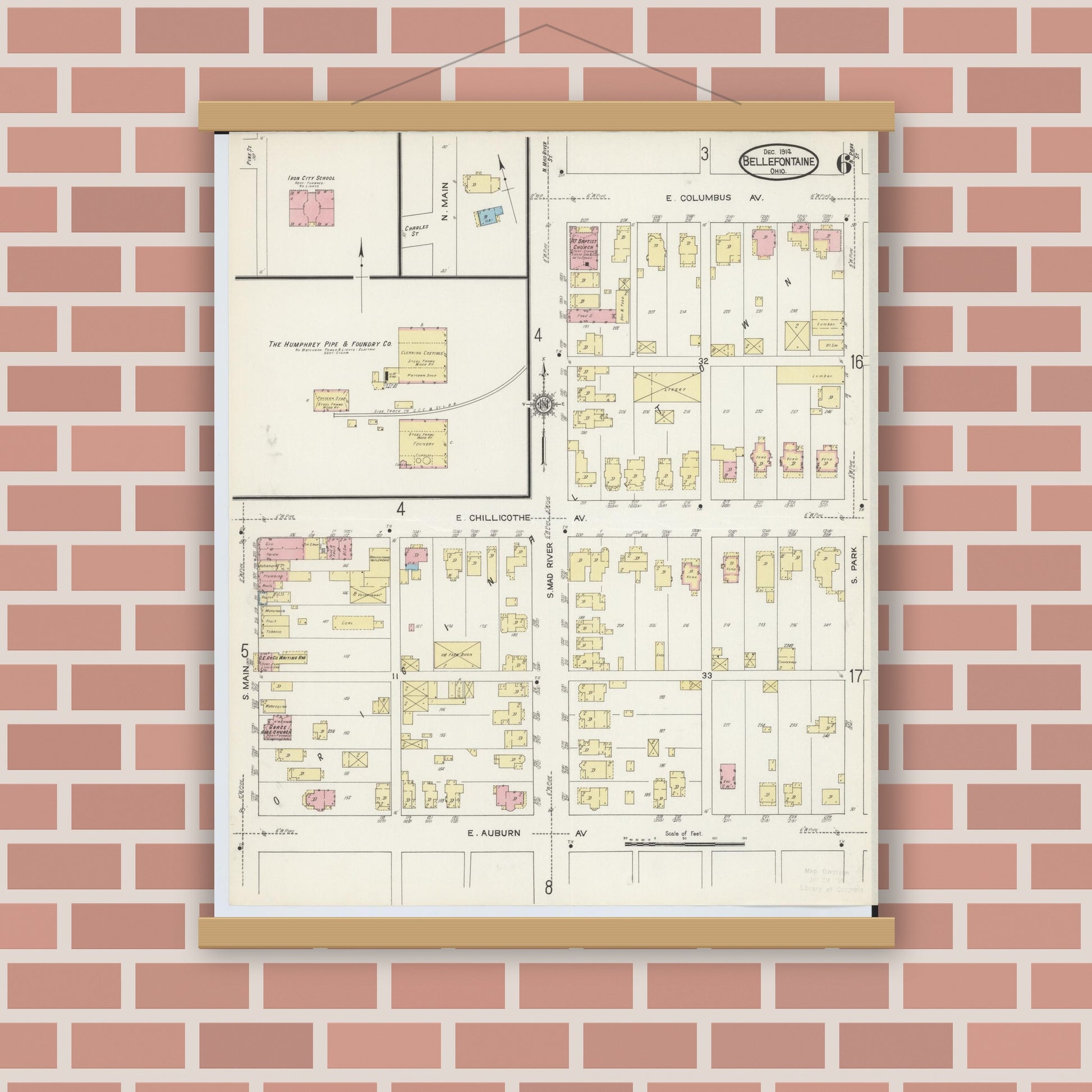 Old map wall art mockup — magnetic wood frame on brick wall — Sanborn Fire Insurance Map from Bellefontaine, Logan County, Ohio (1914), Sheet #0006