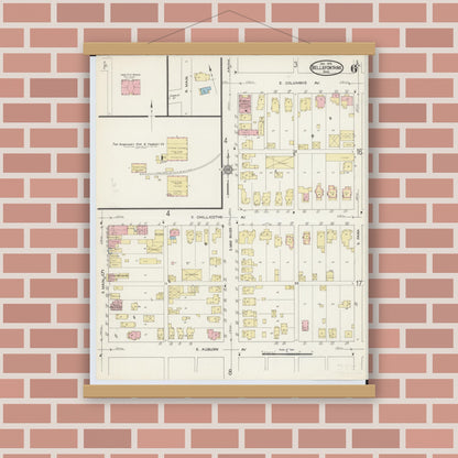 Old map wall art mockup — magnetic wood frame on brick wall — Sanborn Fire Insurance Map from Bellefontaine, Logan County, Ohio (1914), Sheet #0006