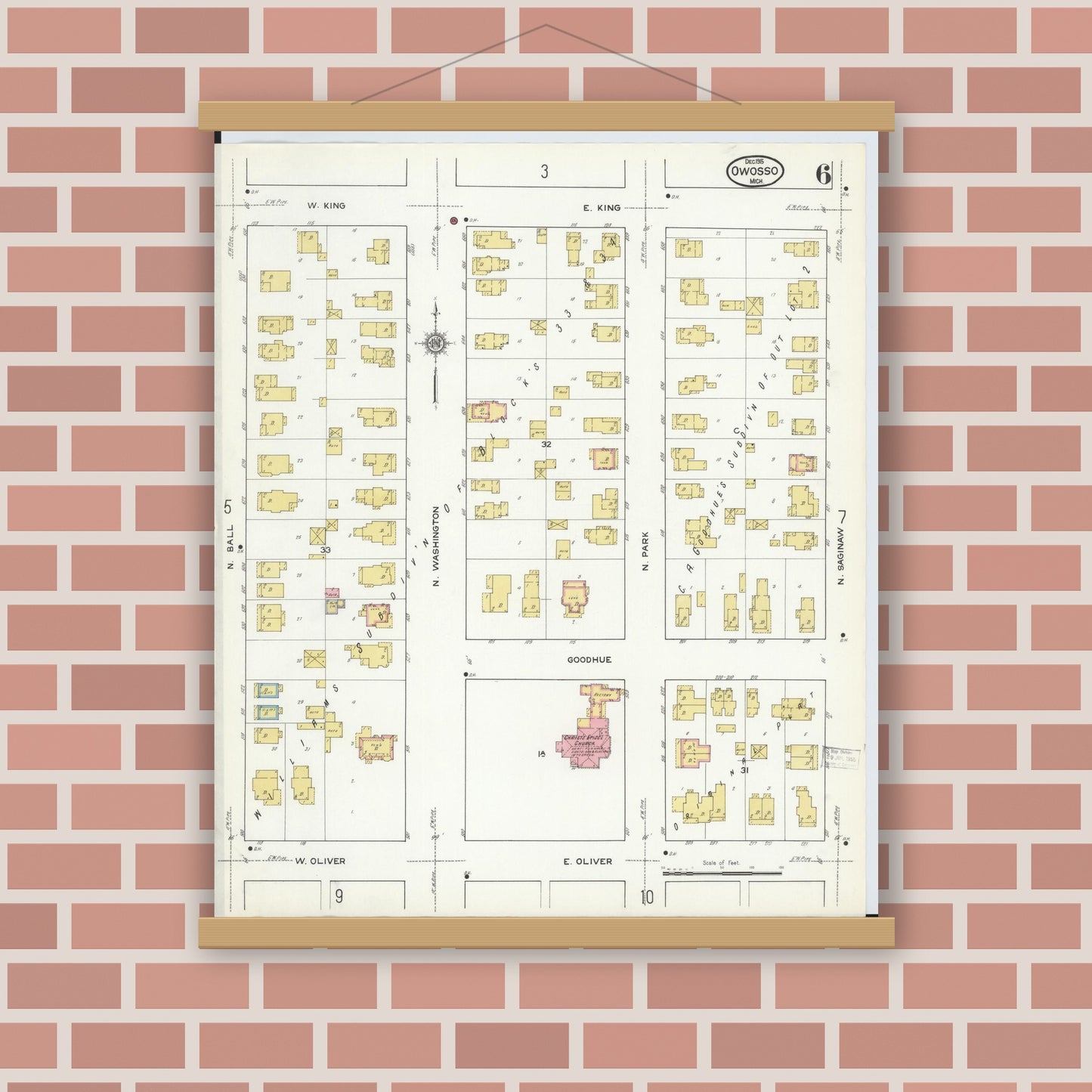 Old map wall art mockup — magnetic wood frame on brick wall — Sanborn Fire Insurance Map from Owosso, Shiawassee County, Michigan (1915), Sheet #0006