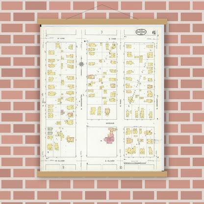 Old map wall art mockup — magnetic wood frame on brick wall — Sanborn Fire Insurance Map from Owosso, Shiawassee County, Michigan (1915), Sheet #0006