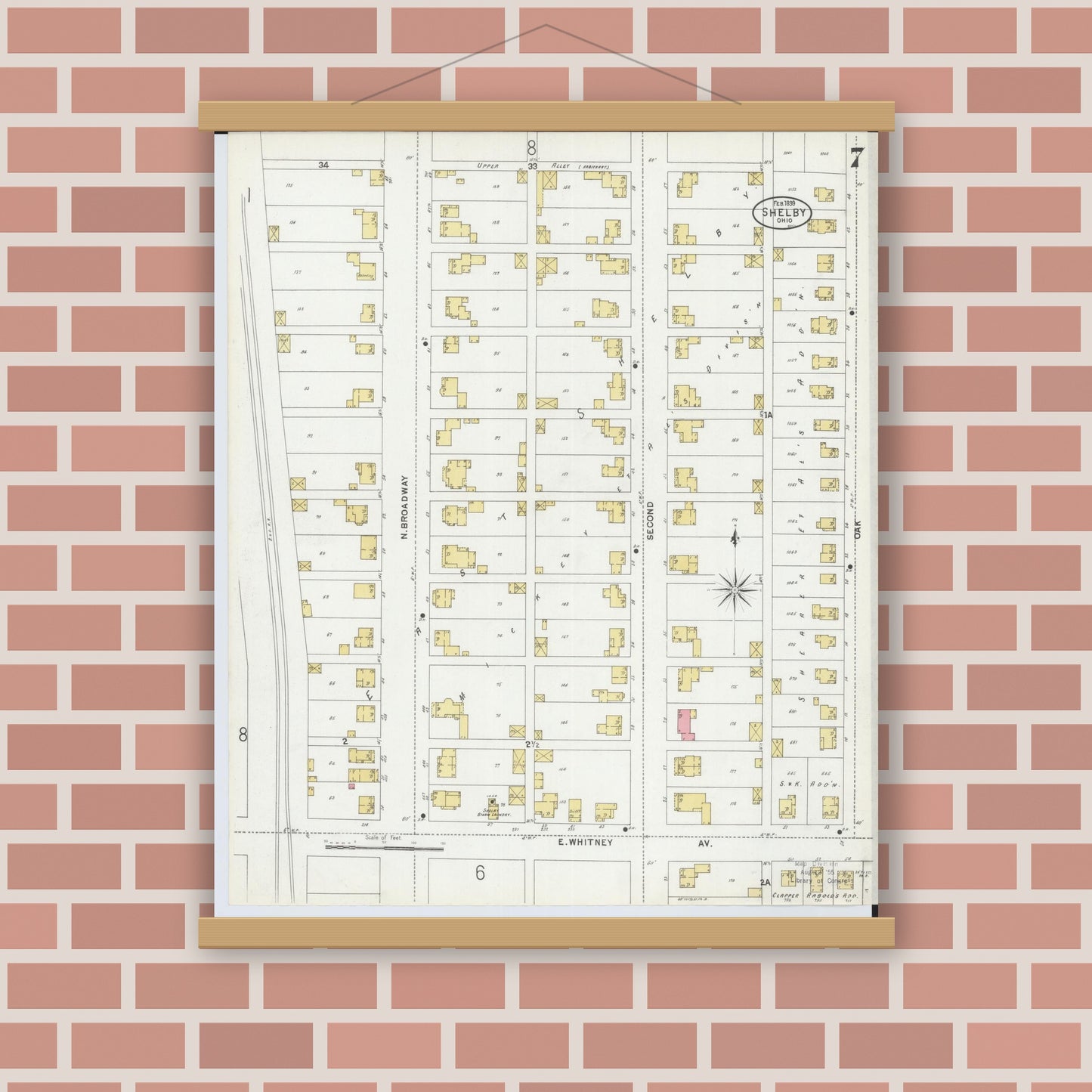 Old map wall art mockup — magnetic wood frame on brick wall — Sanborn Fire Insurance Map from Shelby, Richland County, Ohio (1899), Sheet #0007