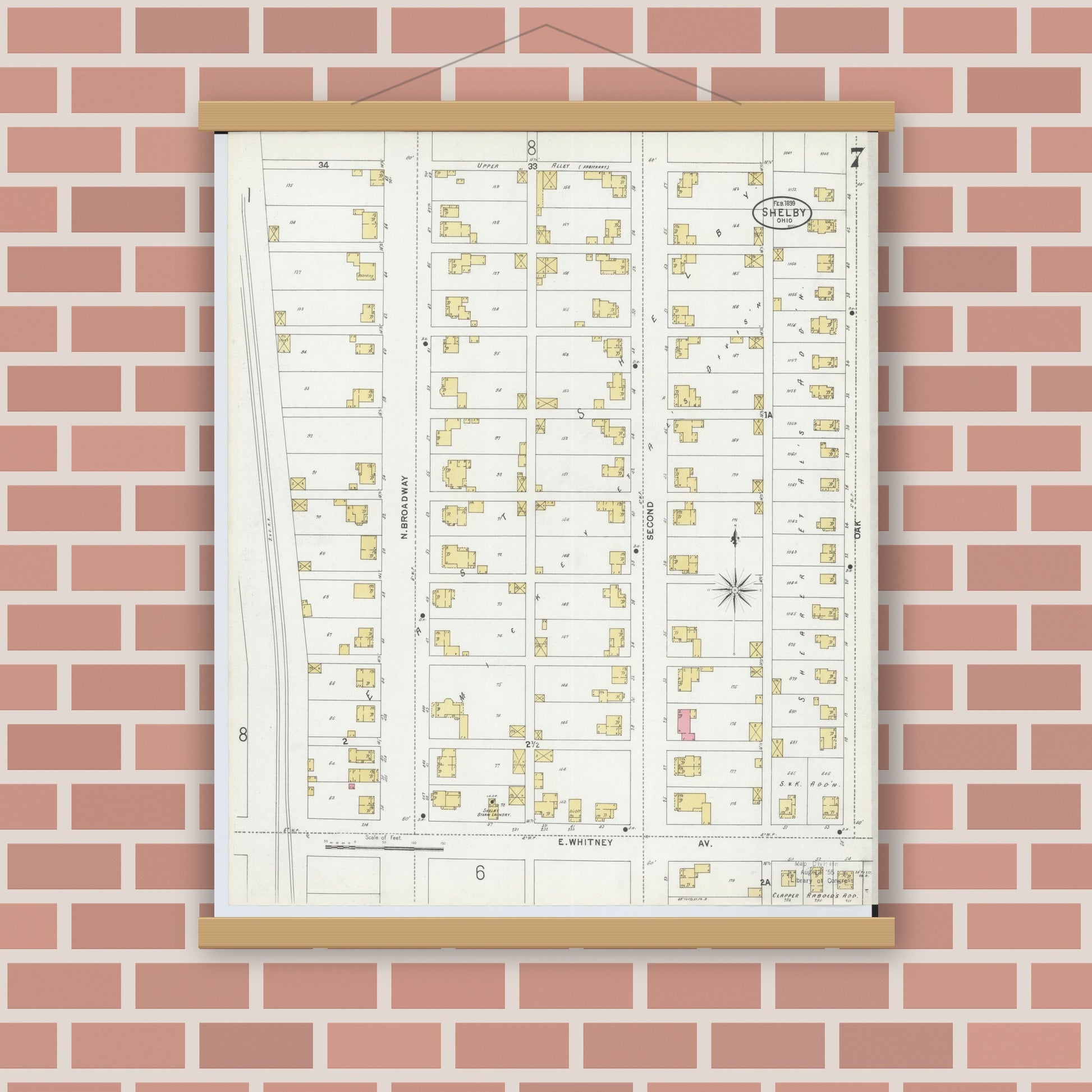 Old map wall art mockup — magnetic wood frame on brick wall — Sanborn Fire Insurance Map from Shelby, Richland County, Ohio (1899), Sheet #0007