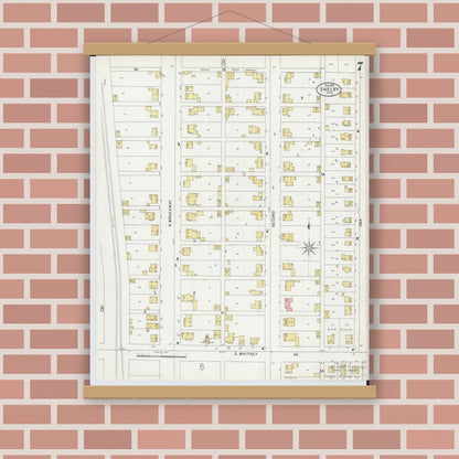 Old map wall art mockup — magnetic wood frame on brick wall — Sanborn Fire Insurance Map from Shelby, Richland County, Ohio (1899), Sheet #0007