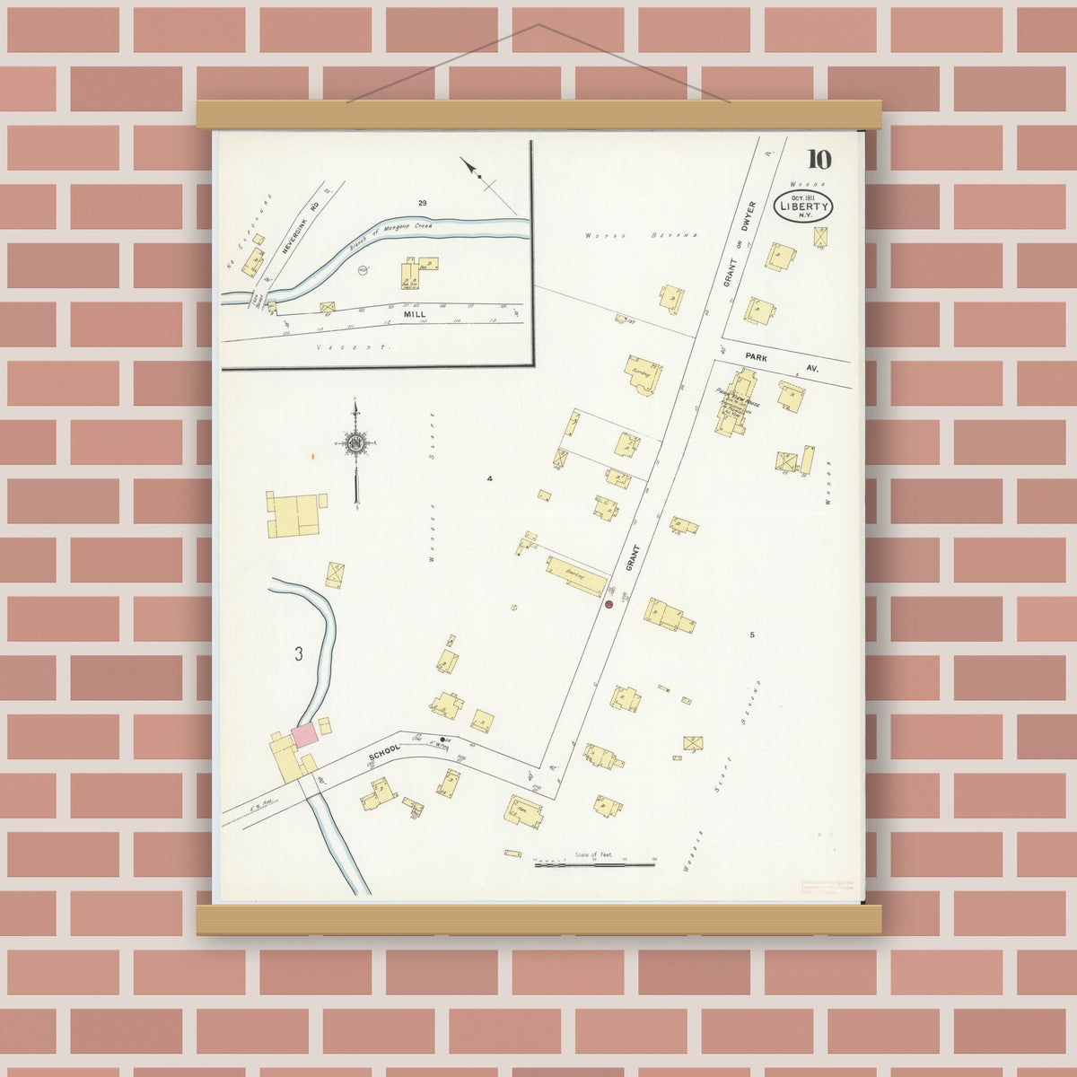 Old map wall art mockup — magnetic wood frame on brick wall — Sanborn Fire Insurance Map from Liberty, Sullivan County, New York (1911), Sheet #0010