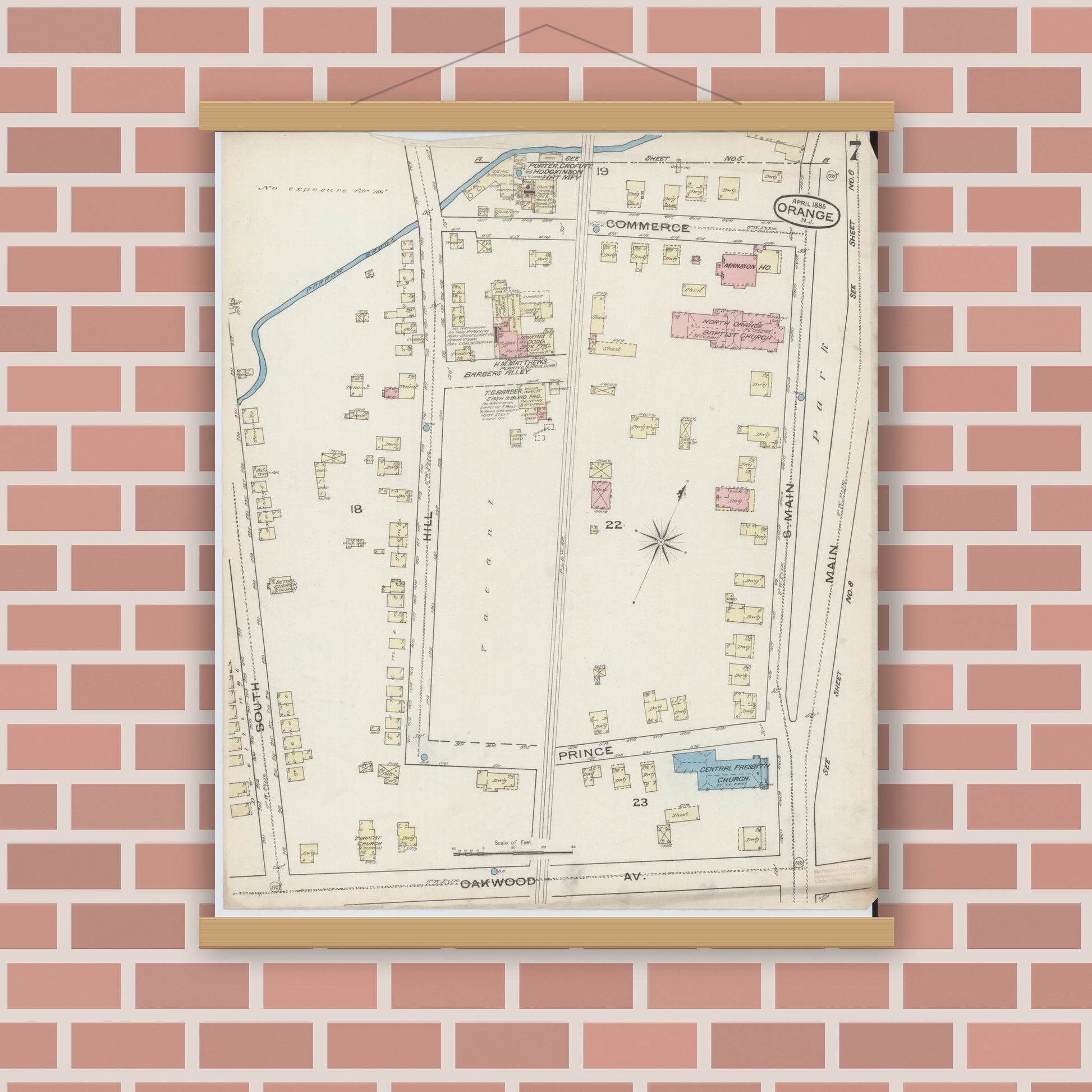 Old map wall art mockup — magnetic wood frame on brick wall — Sanborn Fire Insurance Map from Orange, Essex County, New Jersey (1885), Sheet #0007